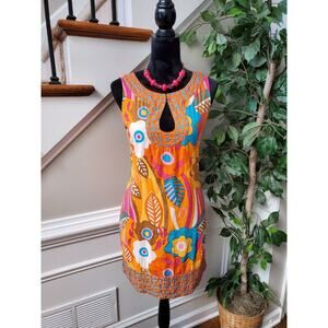 Sabby Anand Women's Orange Cotton Round Neck Sleeveless Knee Length Dress S